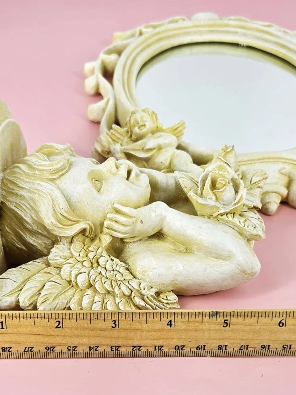 Set 3 Cherub Baroque Wall Shelves Oval Angelic Mirror Romantic Shabby VTG White